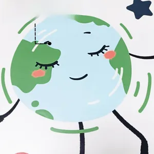 Close-up of a smiling Earth planet wall decal with stars and self-adhesive backing