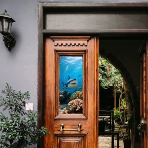 3D ocean shark static cling window sticker showing a Great White Shark on glass door