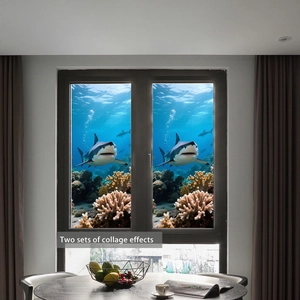Macro detail of double-sided static shark and coral reef window film decoration