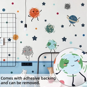 Detail of adhesive cartoon planet wall stickers showing easy removal on nursery wall