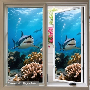 Detailed 3D ocean view window decals with great white shark and coral reef on glass