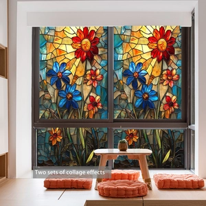 Detail showing two sets of vintage floral static window film with colorful stained glass pattern