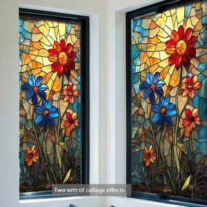 Two sets of static floral window films with colorful mosaic stained glass flower patterns