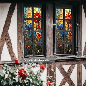 Detail showing two sets of collage effects with floral static cling window stickers