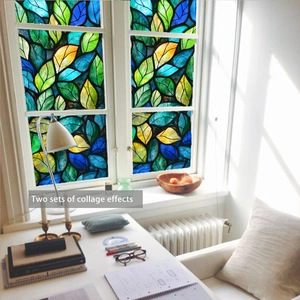 Detail of artistic stained glass leaf window film showing two sets of collage effects