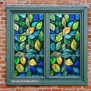 Artistic leaf pattern static window film for privacy on a vintage green frame
