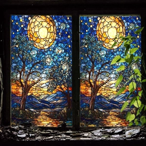 Static cling window film with Van Gogh Starry Night pattern and leafy plant design