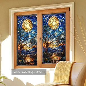 Visual of two sets of collage effects for moonlit tree landscape static window film