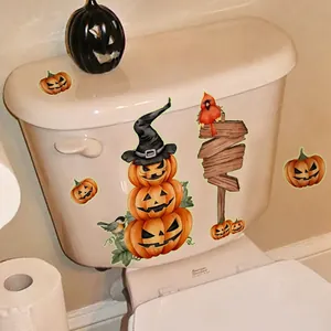 Halloween pumpkin toilet sticker with wizard hat and wooden sign for home decoration