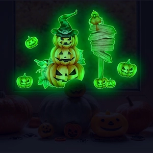 Glow-in-the-dark Halloween pumpkin and signpost wall stickers in bright neon green