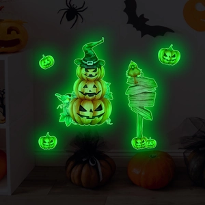 Halloween Luminous Wall Stickers Glow In The Dark Pumpkin Witch Hat Signboard PVC Decals For Toilet Bathroom Home Party Decor