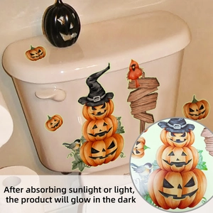 Glow-in-the-dark Halloween toilet sticker showing spooky pumpkins and signs in the dark