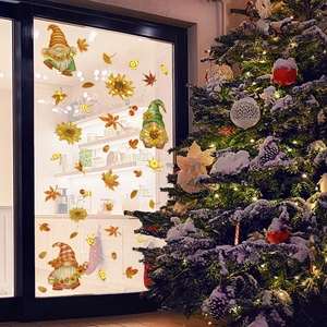 Autumn gnome window decals with sunflowers and maple leaves for home seasonal decoration