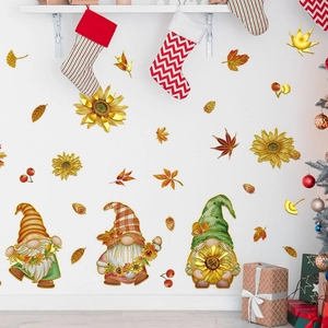 Cozy room wall featuring fall gnomes with sunflowers and autumn leaf decorative stickers