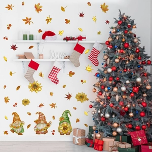 Fall gnome sunflower wall decals set featuring autumn maple leaves for home decoration
