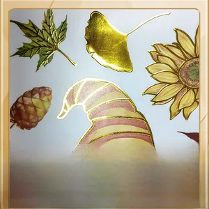 Detailed view of fall gnome stickers with gold stamping on sunflowers and maple leaves