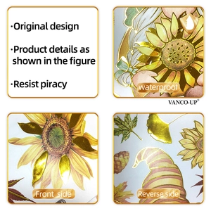 Detail of waterproof sunflower gnome wall stickers with gold foil and embossed texture