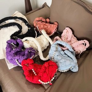 Quilted bubble cloud shoulder bags in seven colors with pearl strap and pleated handle