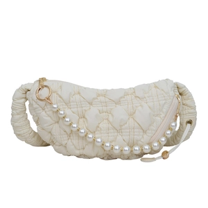Quilted cream hobo bag with elegant pearl chain and soft cloud texture design