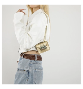 Vue latérale d'un mini sac à chaîne doré champagne avec un fermoir métallique classique