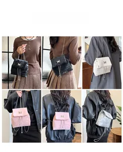 Detailed views of mini velvet bow backpacks with chain straps in four different colors