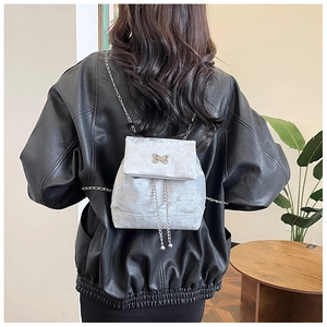Detail of metallic silver mini backpack with gold butterfly buckle and chain tassels