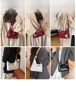 Detail view of stylish bow shoulder bags in four glossy colors shown on models