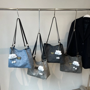 Large capacity vegan leather tote bags in four colors with cute cloud charm pendants