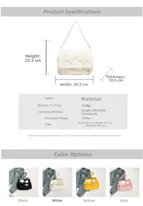 Detailed size chart and multi-color view of the canvas star crossbody bag with dimensions