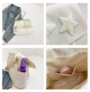 Detail shots of large white canvas star tote showing pocket, inner layer, and plush stars