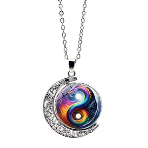 Dragon Yin Yang Tai Chi Necklace Rotating Moon Pendant Zinc Alloy Glass Retro Fantasy Style Jewelry For Men And Women
