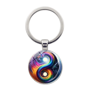 Dragon Yin Yang Tai Chi Keychain Zinc Alloy Glass Time Gem Round Pendant Bag Hanging Accessory Mystical Gift For Men Women