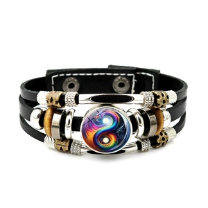Mehrlagiges Lederarmband für Herren mit farbigem Drachen-Yin-Yang-Anhänger aus Glas