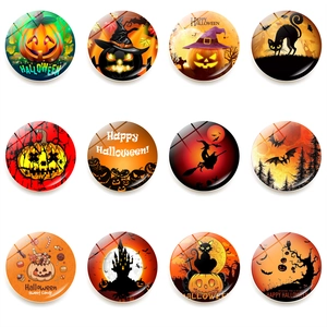 Aimant de Réfrigérateur Halloween 25mm Cabochon en Verre Motif Citrouille Sorcière Chauve-souris Autocollant Magnétique Décoration Maison