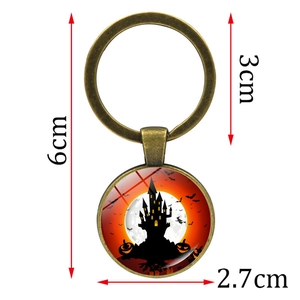 Halloween Kürbis Schloss Schlüsselanhänger mit Glasanhänger und Bronze Metallring 6cm