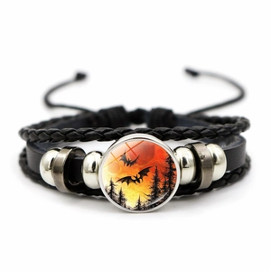 Halloween meerlaagse leren armband met glazen bedel van vleermuis en maan