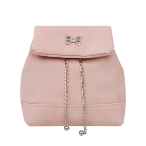 Front view of light pink bow backpack with silver butterfly buckle and metal chain straps