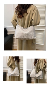 Detail of silver pleated hobo bag with knotted strap shown from various angles on a model
