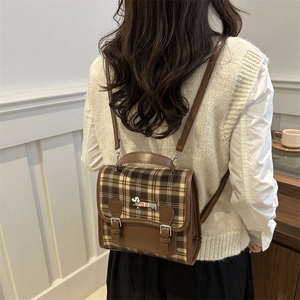Vintage brown plaid backpack for women featuring a cute dachshund embroidery detail
