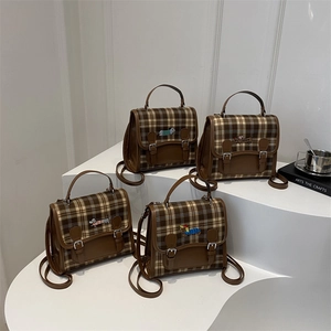 British style checkered crossbody bag with dog embroidery and brown leather trim