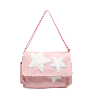 Pink canvas star tote bag for students with large capacity and adjustable crossbody strap