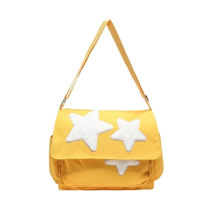 Cute yellow star messenger bag for students with soft white plush star patches