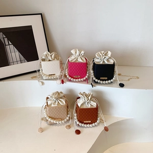 Mini pearl chain crossbody boxes in white, rose, black, beige, and brown leather