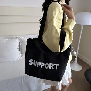 Japanese style black shoulder tote bag with white SUPPORT letter print for women