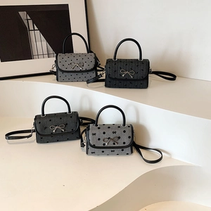 Women Polka Dot Heart Pattern Small Square Bag With Metal Bowknot Decoration Canvas Crossbody Shoulder Bag For Daily Fashion