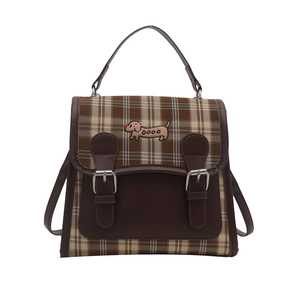 Sac à dos rétro à carreaux pour femmes en cuir marron avec broderie de chien