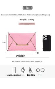 Pochette enveloppe rose à paillettes étoilées avec dimensions 28x18x1cm affichées