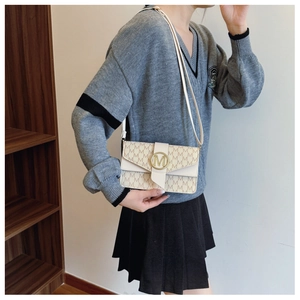 Detail of trendy small square crossbody bag featuring monogram print and gold metal buckle