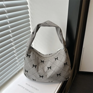 Women Corduroy Underarm Bag Sweet Bow Pattern Diamond Quilted Half Moon Hobo Bag Casual Fashion Shoulder Bag Tote Handbag