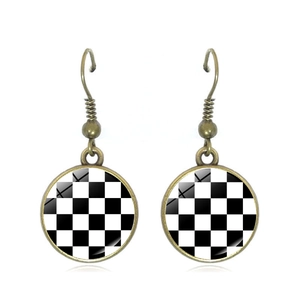 Checkerboard Grid Glass Dome Dangle Hook Earrings Alloy Bronze Retro Vintage Style Jewelry Women